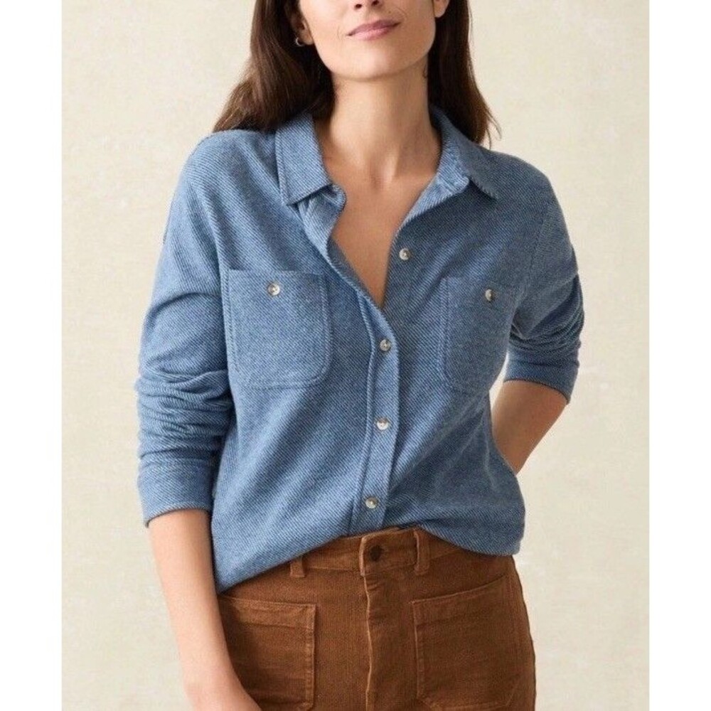 Faherty Womens Legend Sweater Shirt Glacier  Blue Twill Flannel Preppy Size Sm